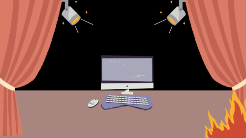 计算机中心舞台的插图，周围燃烧着天鹅绒窗帘